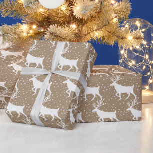 Papel De Presente Rustic Kraft White Stag Reindeer Snowfall