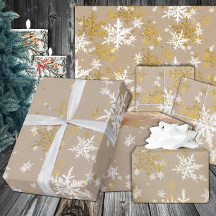 Papel De Presente Rustic Kraft Winter White & Dourados Flocos de nev