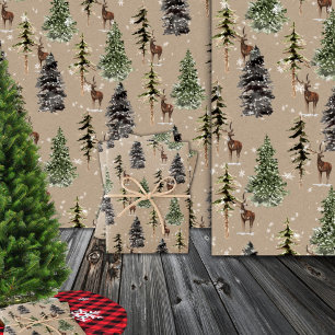 Papel De Presente Rustic Kraft Winter Woodland Spruce Trees & Deer