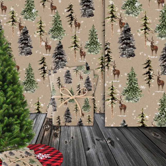 Papel De Presente Rustic Kraft Winter Woodland Spruce Trees & Deer (Rustic Kraft Winter Woodland 
Spruce Trees & Deer Christmas Holiday Wrapping Paper Rolls)