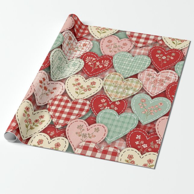 Papel De Presente Rustic Patchwork Hearts Picnic Pattern (3) (Desenrolado)