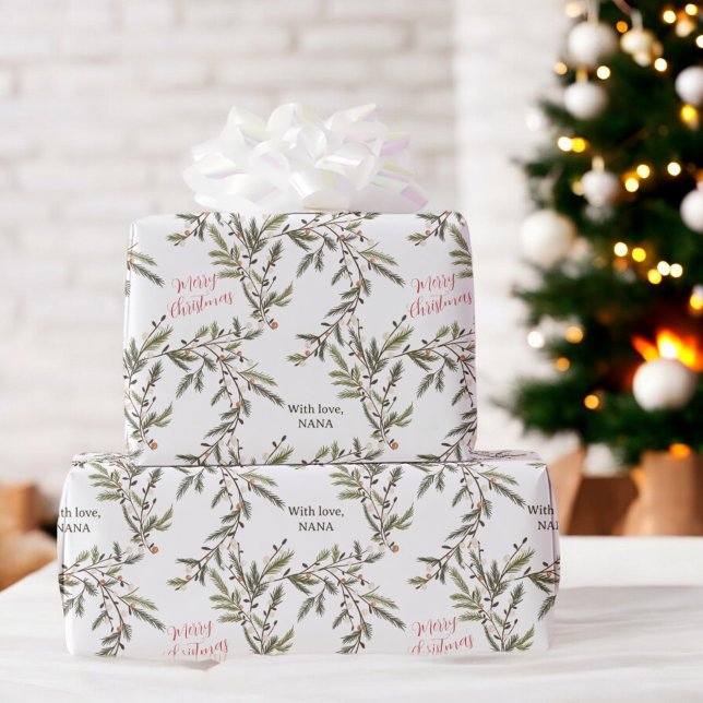 Papel De Presente Rustic Pine Branch Feriado Feliz Natal (Rustic Pine Branches Holiday Merry Christmas Wrapping Paper)