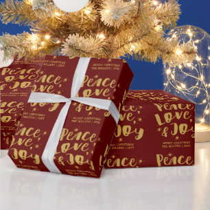 Papel De Presente Rustic Red Dourado Peace Love & Joy Holidy Natal
