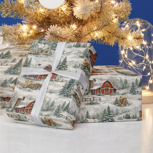 Papel De Presente Rustic Snow Covered Farmhouse Winter Pattern (Feriados)