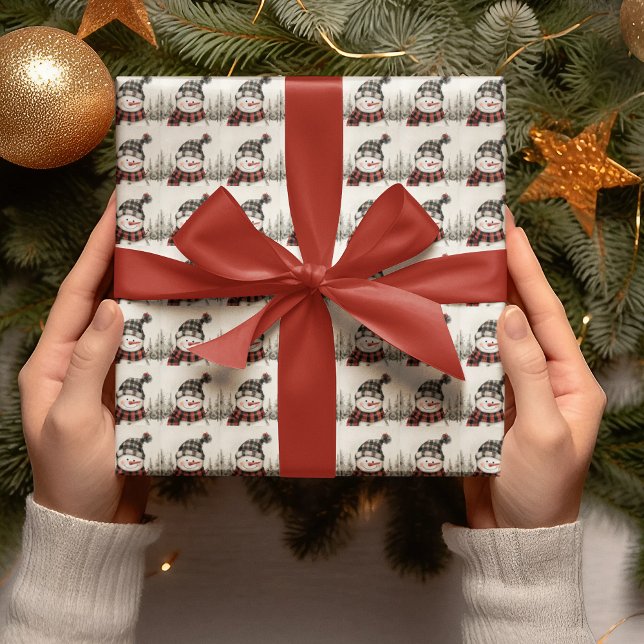 Papel De Presente Rustic Snowman Plaid Christmas Personalized  (Criador carregado)