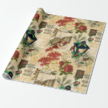 Papel De Presente Rustic Vintage Dourada Ephemera de Natal Floral<br><div class="desc">Imagens de Natal elegantes,  quentes e eternos,  com poinsetos vermelhos e rosas antigos,  tipografia iluminada elegante,  lanterna brilhante,  holly,  música,  coro e robins em fundo dourado angustiado com roteiro manuscrito,  amargos de ornamentado e damasco vertiginoso. O padrão é perfeito e dimensionável.</div>