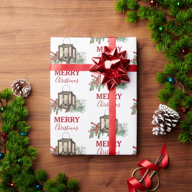 Papel De Presente Rustic Watercolor - Lanterna Pine Berries (Presente de Natal)