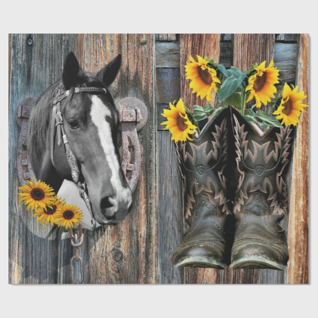 Papel De Presente Rustic Western Horse Cowboy Botas Sunflower (Aberto)