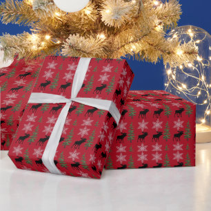 Papel De Presente Rústico Alce Floco de Neve Pinheiro Natal Vermelho