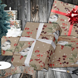 Papel De Presente Rústico Kraft Black Boné Chickadeed Birds & Berrie