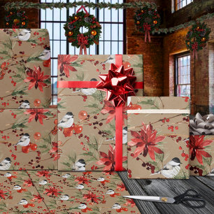 Papel De Presente Rústico Kraft Chickadees Red Berries & Poinsettias