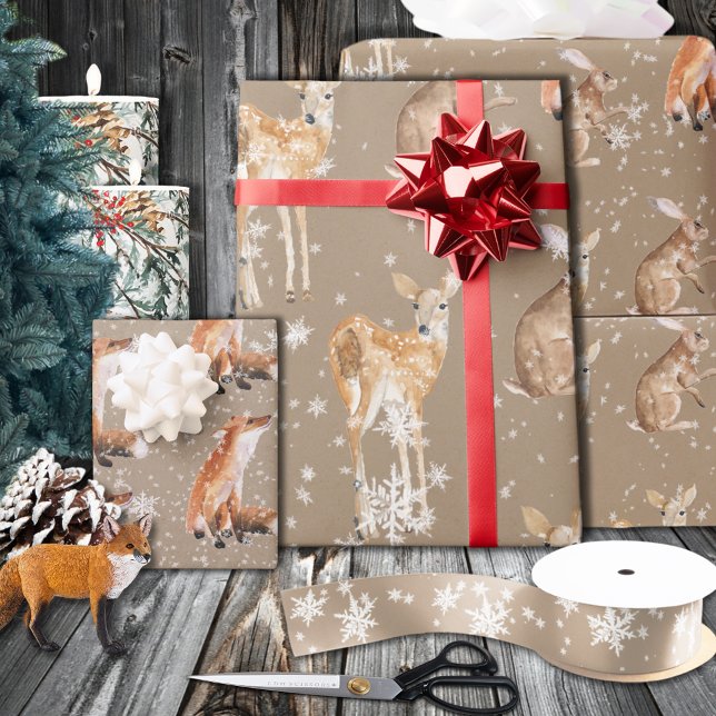 Papel De Presente Rústico Kraft Elegante Animais Invernos Flocos de  (Rustic Kraft Elegant Winter Animals Snowflakes Wrapping in 6 and 15 foot long 30 Inch Width Rolls
)