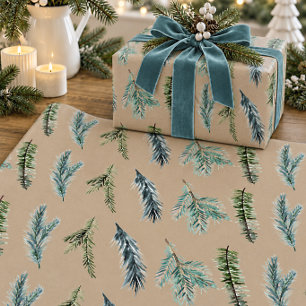 Papel De Presente Rústico Kraft Inverno Verde Ramos de Abeto Azul