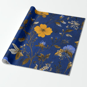 Papel De Presente Rústico Ousado Azul Marinho Botânico Floral Vintag