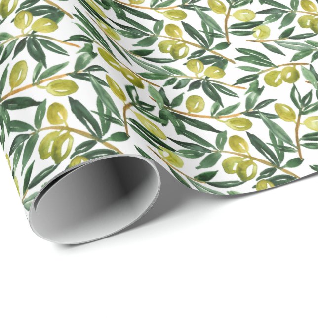 Papel De Presente Rústico Watercolor Olive Branches Greenery Pattern (Ponta do rolo)