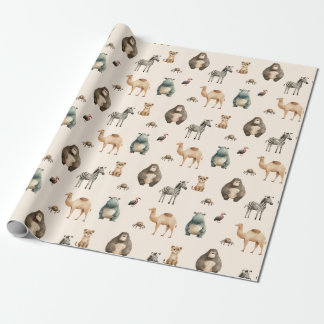 Papel De Presente Safari Animais Zebra Lion Camel Hippo