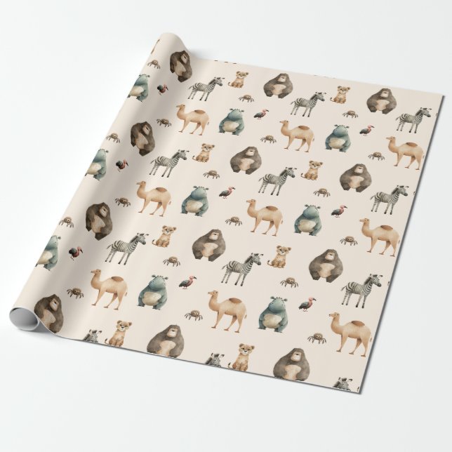 Papel De Presente Safari Animais Zebra Lion Camel Hippo (Desenrolado)