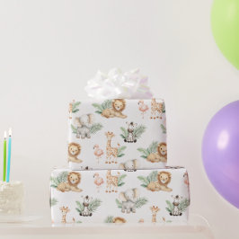 Papel De Presente Safari Elefante Girafa Zebra Flamingo Leão Animal