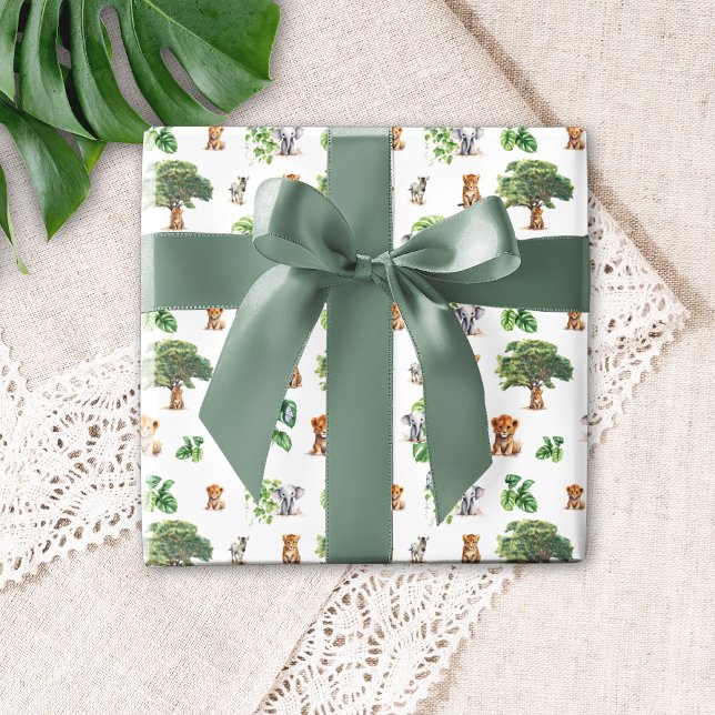 Papel De Presente Safari Elephant Lion Tropical Greenery (Safari Jungle Pattern Zoo Animals Tiger Lion Elephant Zebra Greenery Birthday Wrapping Paper)
