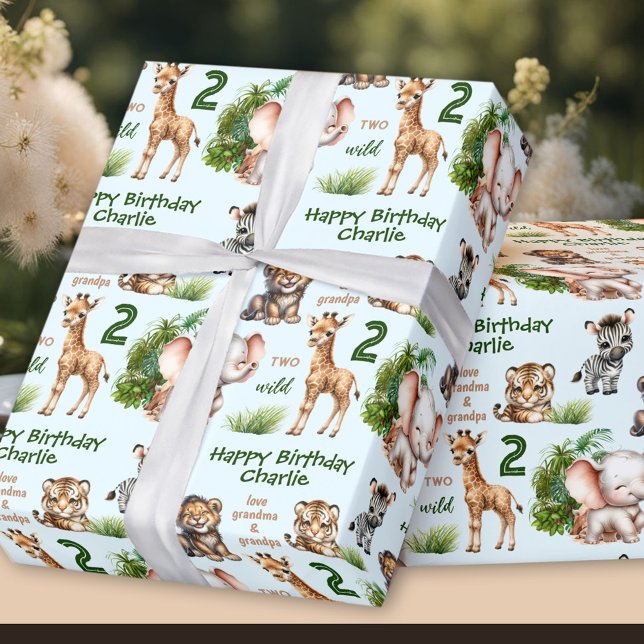 Papel De Presente Safari Jungle Animal Azul Nome do segundo aniversá (Safari Jungle Animals Blue Green 2nd Birthday Name Wrapping Paper)