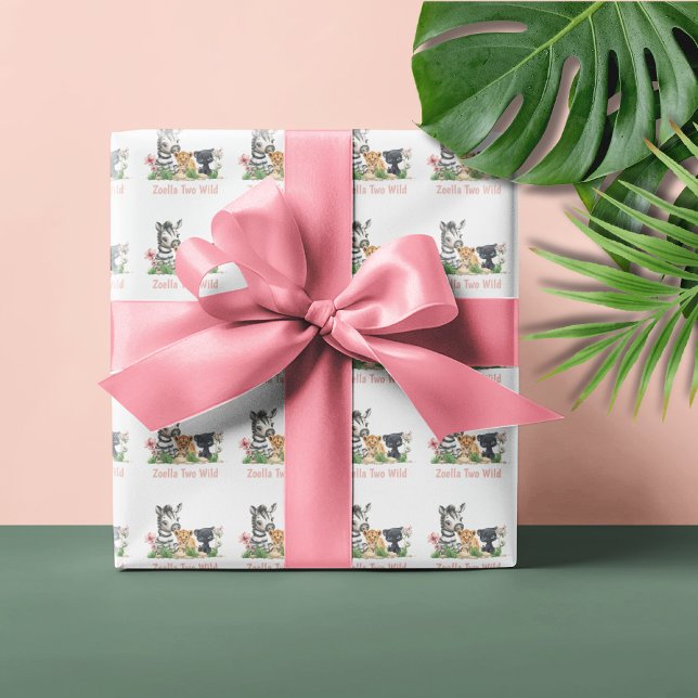 Papel De Presente Safari Jungle Dois Partos Selvagens (Safari Jungle Two Wild Animals Zebra Tiger Panther Pink Birthday Wrapping Paper)