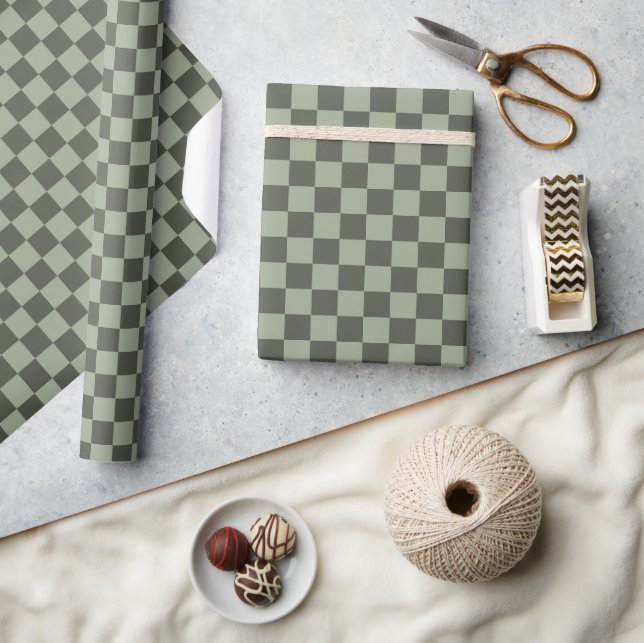 Papel De Presente Sage Dark Green Checker Checkerboard Checkered (Artesanato)