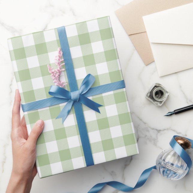 Papel De Presente Sage e Plaid Gingham de Búfalo Branco (Presentear)