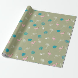 Papel De Presente Sage Green and Pink Flamingo Wrapping Paper