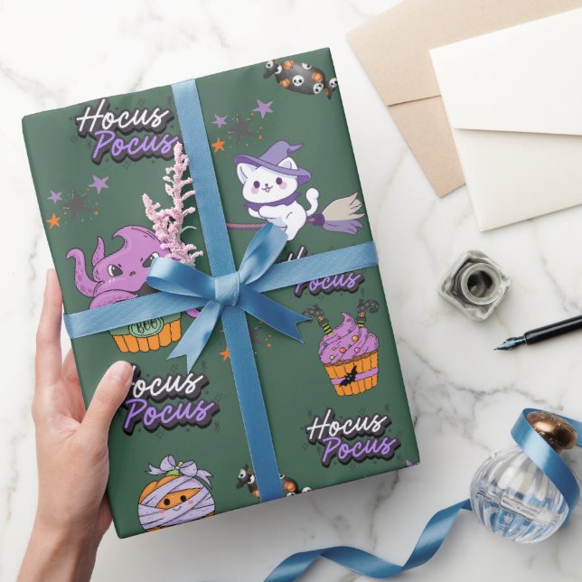 Papel De Presente Sage green Hocus Pocus fofo Bruxa Gata Halloween (Presentear)