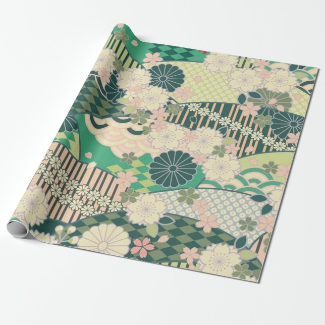 Papel De Presente Sage Green Pink Japonês Kimono Florpage (Desenrolado)