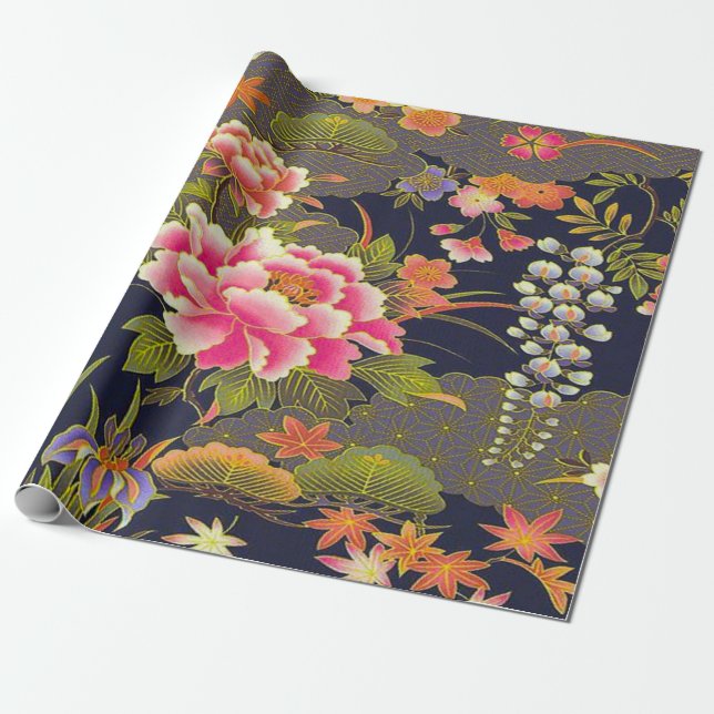 Papel De Presente Sage Green Pink Japonês Kimono Florpage (Desenrolado)