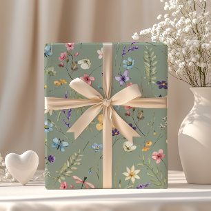 Papel De Presente Sage Green Wildflower & Butterfly Boho Summer