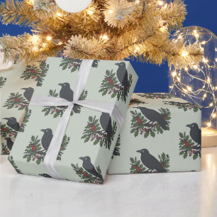 Papel De Presente Sage Raven Holly Berries Natal Vintage