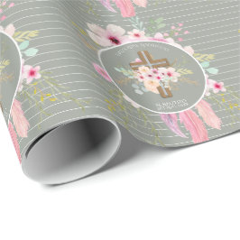 Papel De Presente Sage Rosa Floral Cross BAUTIZO Baptism Bautismo