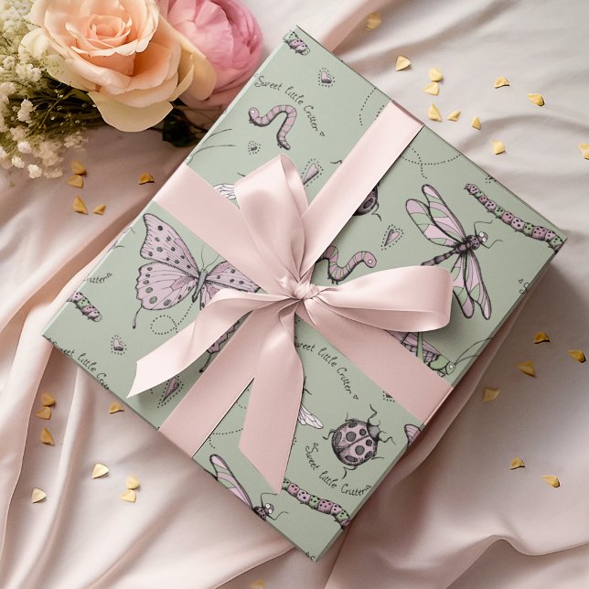 Papel De Presente Sage Sweet Little Critine Feminine Blush Pink (An adorable, feminine yet whimsical Insect Wrapping Paper pattern for baby girls or mothers-to-be :))