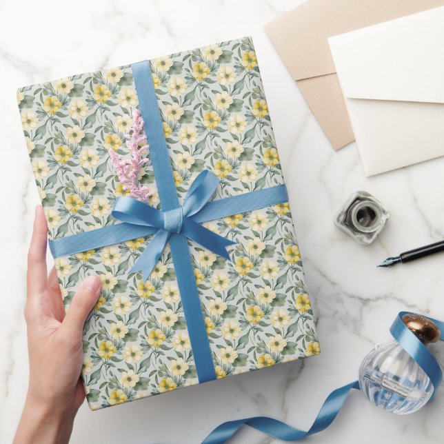 Papel De Presente Sage Verde Amarelo Floral Bebê e Chá de Noiva (Presentear)