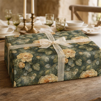 Papel De Presente Sage Verde Antigo Rosa Floral Amarelo Dourado