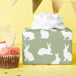 Papel De Presente Sage Verde E Coelho Branco Padrão Páscoa Fofa