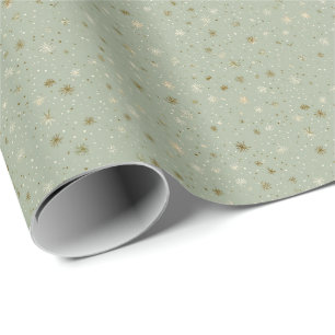 Papel De Presente Sage Verde Estrelado e Padrão de Inverno Dourado