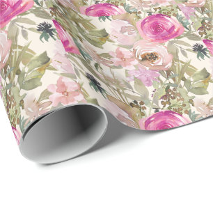 Papel De Presente Sage Verde Folhas Florais Rosa