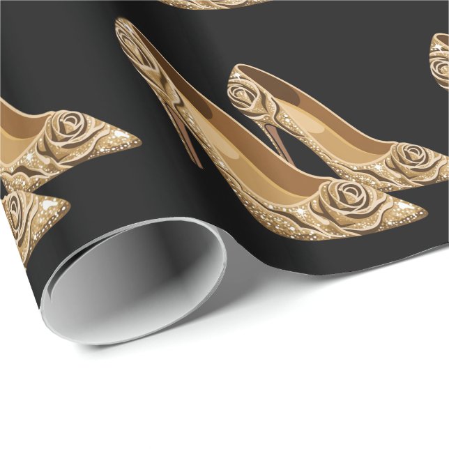 Papel De Presente Saltos Altos Elegantes com Rosas Douradas Preto Do (Ponta do rolo)