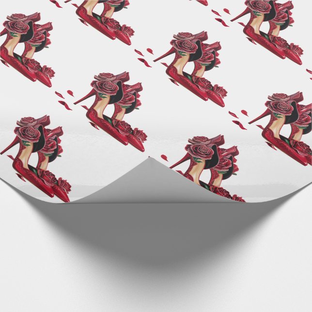 Papel De Presente Saltos Altos Vermelhos Elegantes com Rosas Dourada (Ponta)