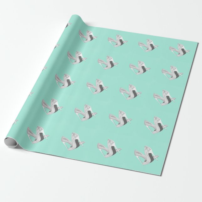 Papel De Presente Saltos Prateados em Verde-Menta (Desenrolado)