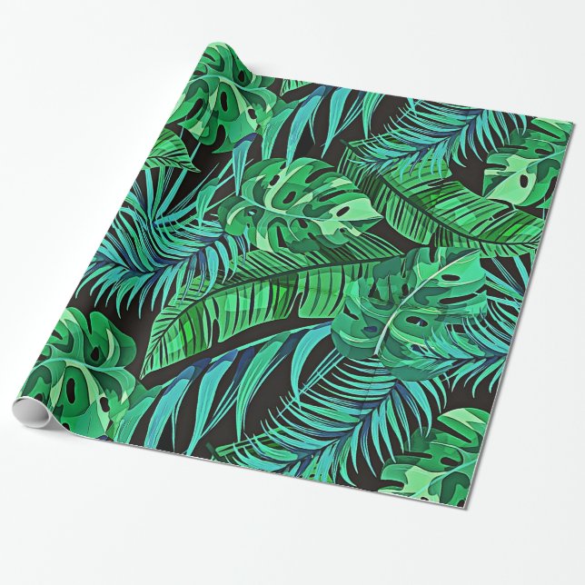 Papel De Presente Samambaias azuis e verdes e folhas tropicais (Desenrolado)