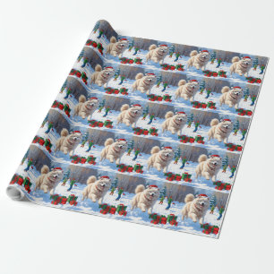 Papel De Presente Samoyed Correndo na Neve com Chapéu de Natal