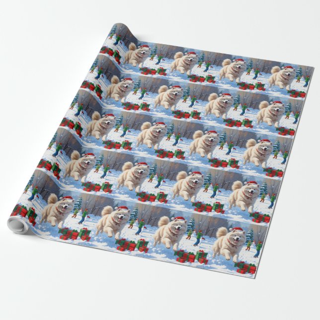 Papel De Presente Samoyed Correndo na Neve com Chapéu de Natal (Desenrolado)