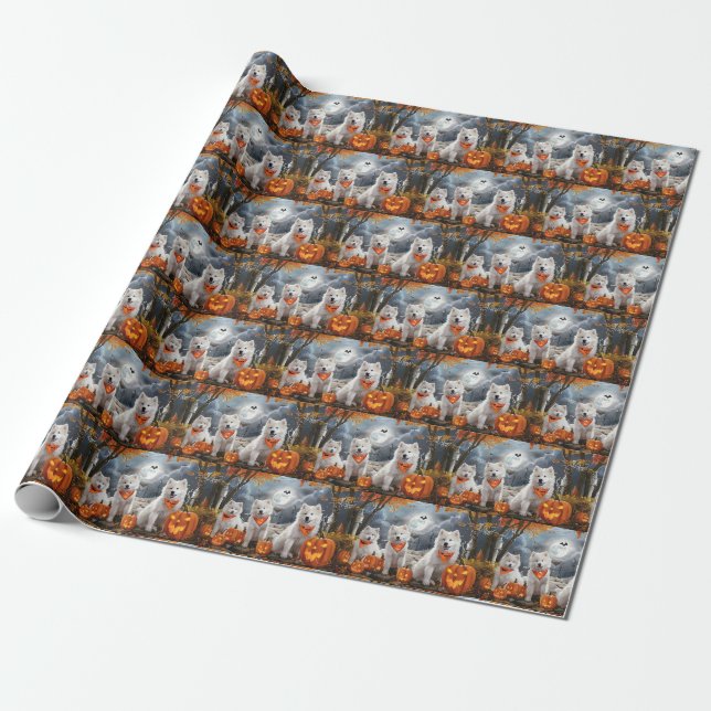 Papel De Presente Samoyed Halloween Assustador (Desenrolado)
