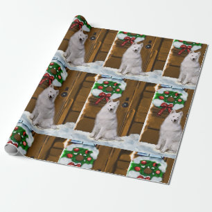 Papel De Presente Samoyed no Porch Christmas