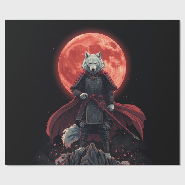 Papel De Presente Samurai do Lobo Branco sob a Lua de Sangue Carmesi (Aberto)