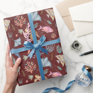 Papel De Presente Sangria Texturizada com Vida Oceânica em Aquarela
